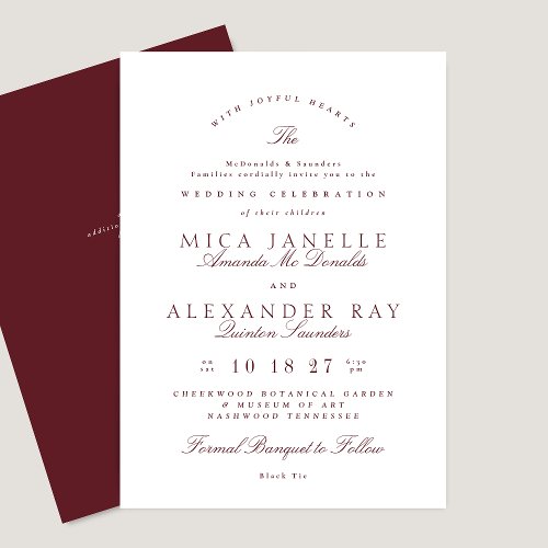 Classic Burgundy Formal Maroon Elegant Wedding Invitation