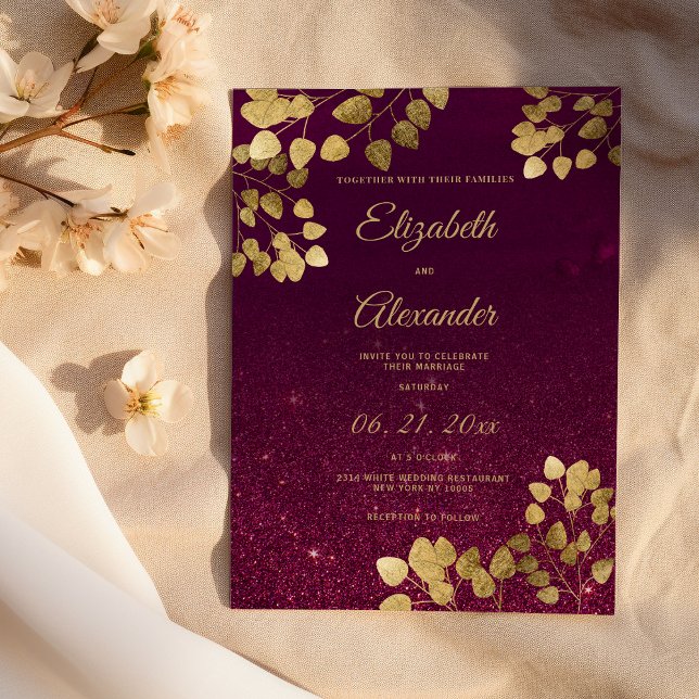 Classic burgundy glitter gold eucalyptus Wedding Invitation (Classic burgundy glitter gold eucalyptus Wedding)