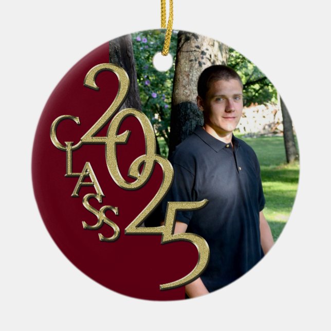 Classic Burgundy Gold 2025 Graduate Photo Ceramic Ornament (Front)