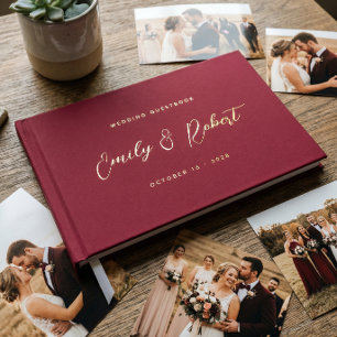 Classic Burgundy Gold Calligraphy Wedding Photo Foil Guest Book