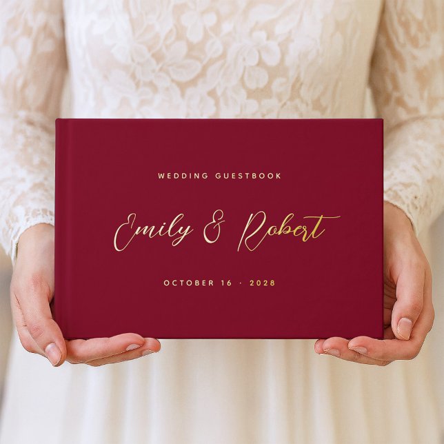 Classic Burgundy Gold Calligraphy Wedding Photo Foil Guest Book (Creator Uploaded)