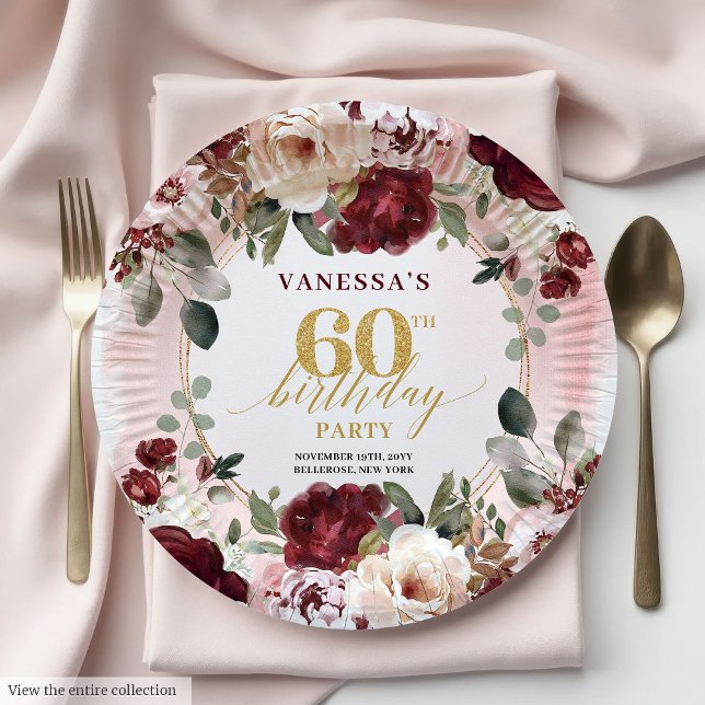 Classic Burgundy Gold Floral Boho 60th Birthday  Paper Plates (Classic Burgundy Gold Floral Boho 60th Birthday Plates)