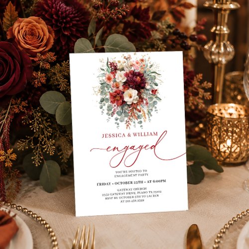 Classic Burgundy Gold Floral Deep Red engagement i Invitation