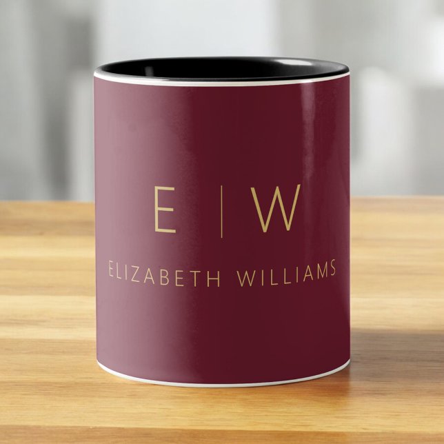 Classic Burgundy Gold Minimalist Monogram Two-Tone Coffee Mug (Creator Uploaded)