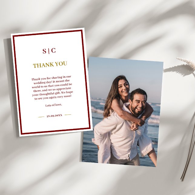 Classic Burgundy & Gold Monogram Photo Wedding Thank You Card (Burgundy and gold monogram photo thank you card shares heartfelt gratitude with elegant style.)