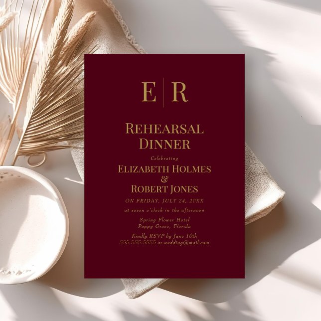 Classic Burgundy Gold Monogram Rehearsal Dinner  Invitation (Classic Burgundy Monogram Rehearsal Dinner Invitation on neutral boho wedding table.)