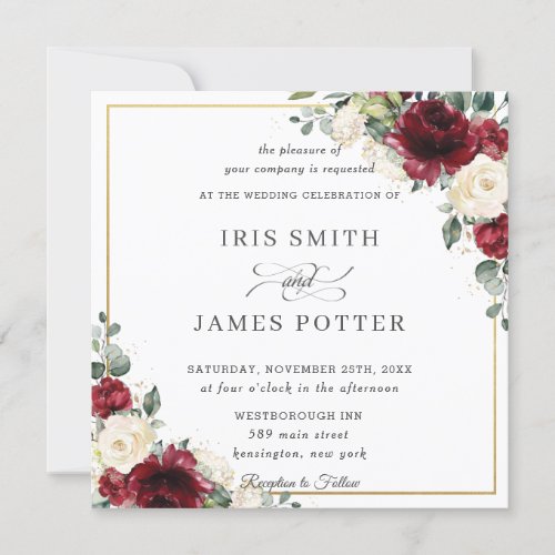 Classic Burgundy Ivory Floral Gold Wedding Square Invitation