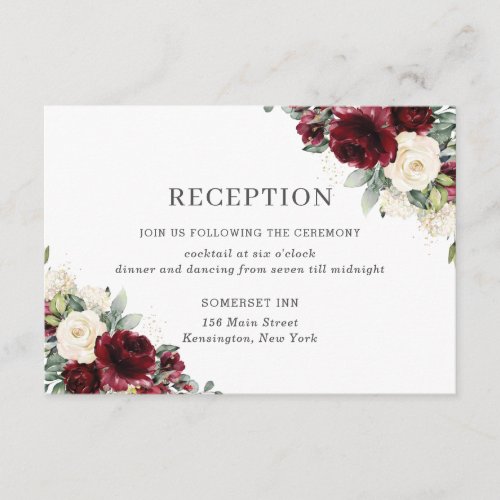 Classic Burgundy Ivory Floral Wedding Reception Enclosure Card