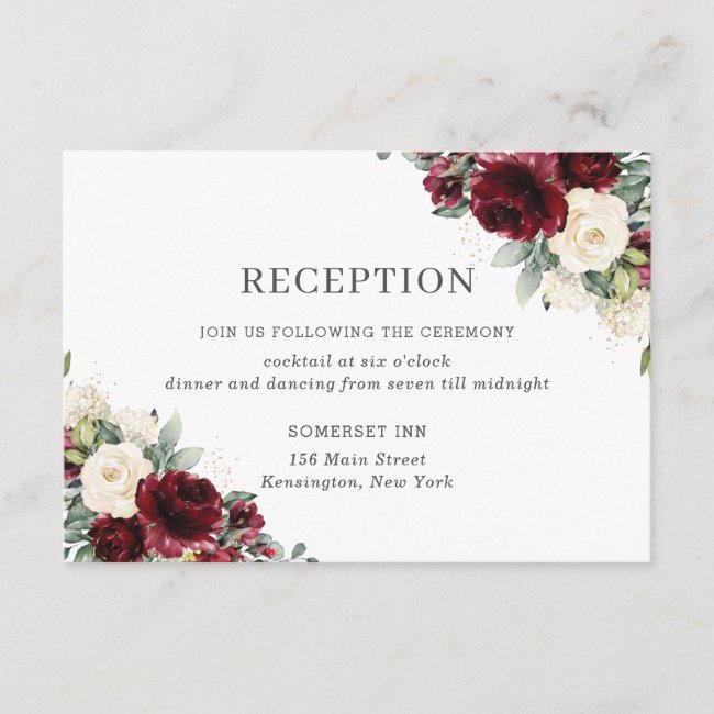 Classic Burgundy Ivory Floral Wedding Reception Enclosure Card