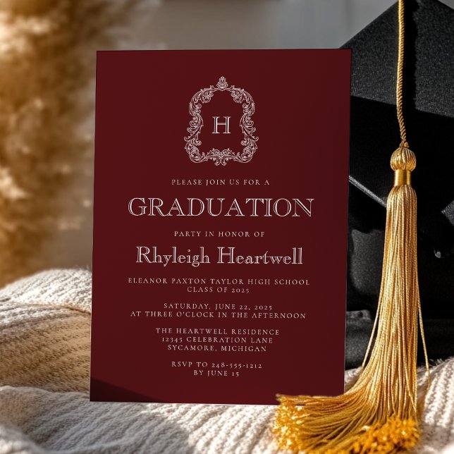 Classic Burgundy Monogram Crest Graduation Party Invitation (Creator Uploaded)