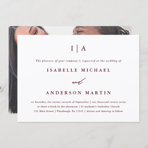 Classic Burgundy Monogram Photo Wedding Invitation