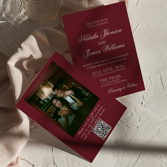 Classic Burgundy Old Money QR Code Photo Wedding Invitation (Creator Uploaded)