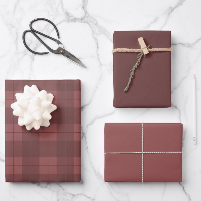 Classic Burgundy Plaid Pattern with Matching Shade Wrapping Paper Sheets (Front)
