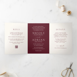 Classic Burgundy QR Code Elegant Wedding Tri-Fold Invitation