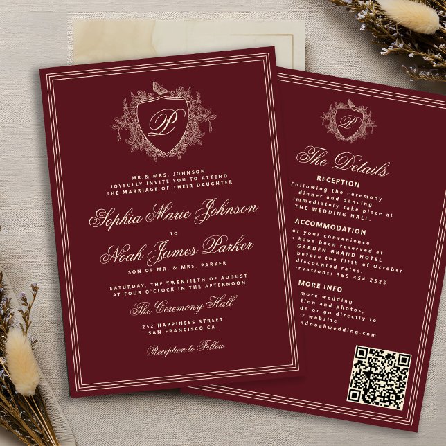 Classic burgundy QR code formal monogram wedding  Invitation (Creator Uploaded)