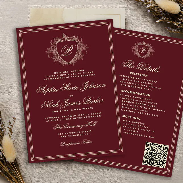 Classic burgundy QR code formal monogram wedding Invitation | Zazzle