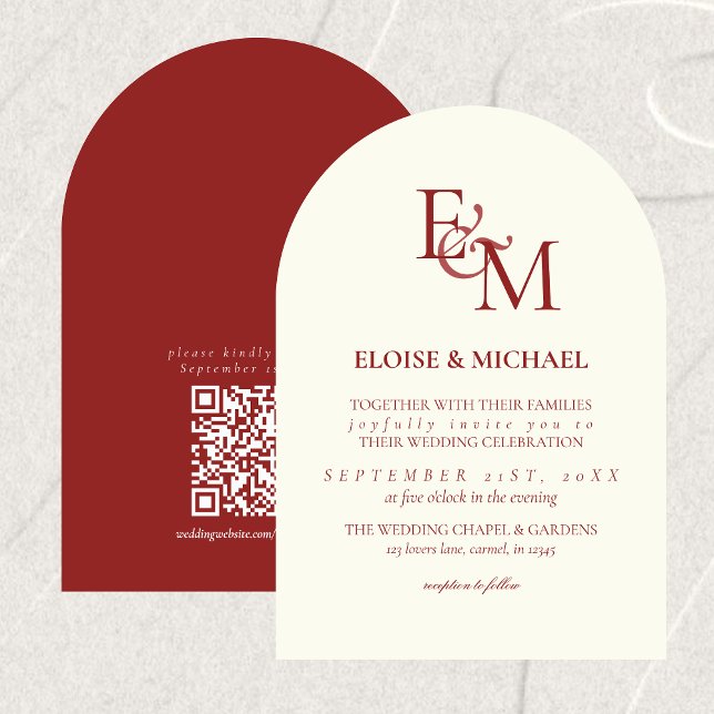 Classic Burgundy Red Monogram Minimalist Wedding Invitation (Classic Burgundy Red Monogram Minimalist Wedding Invitation)