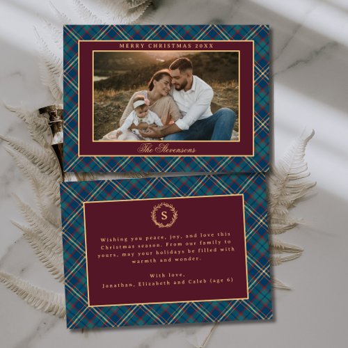 Classic Burgundy Red Plaid Crest Photo Christmas Holiday Card