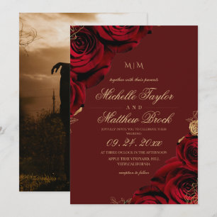  Classic Burgundy Red Rose Wedding Invitation