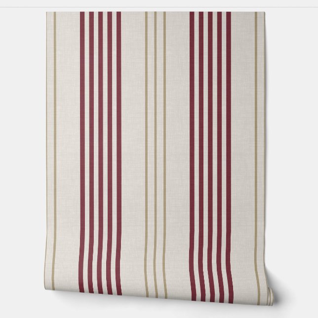 Classic Burgundy Red Ticking Stripe Pattern Wallpaper (Unrolling)
