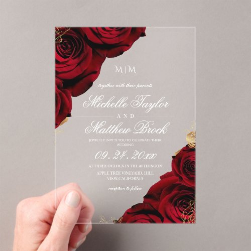 Classic Burgundy Rose Elegant Wedding Acrylic Invitations