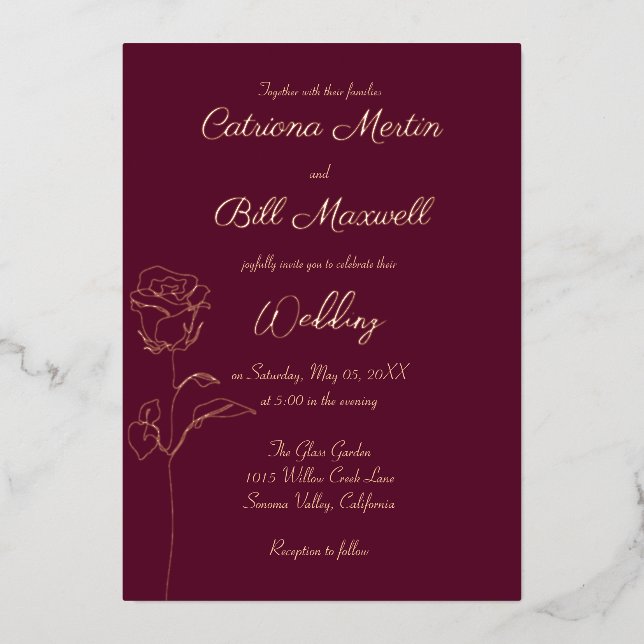 Classic Burgundy & Rose Foil Wedding Invitation Foil Invitation (Front)