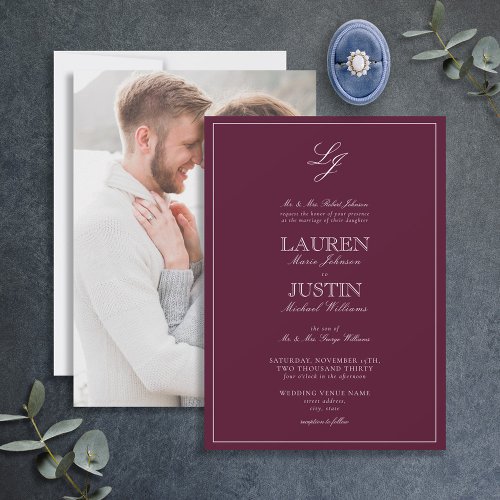 Classic Burgundy Script Monogram Photo Wedding Invitation