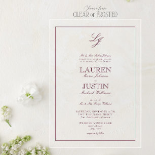 Classic Burgundy Script Monogram Wedding Acrylic Invitations