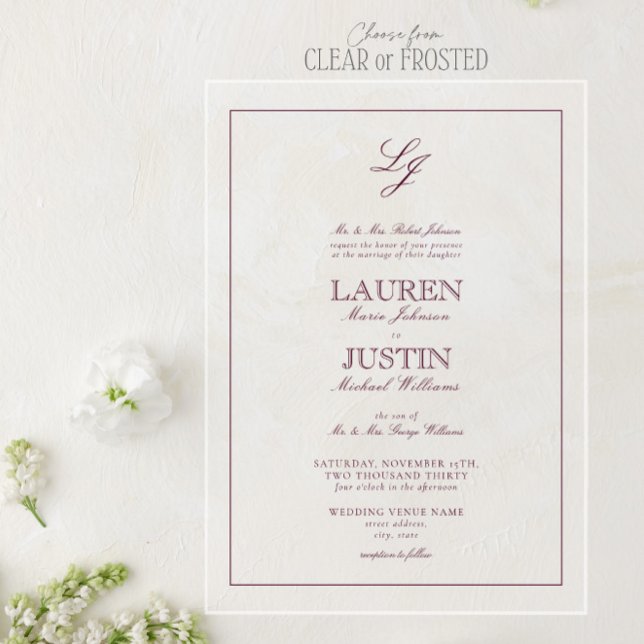 Classic Burgundy Script Monogram Wedding Acrylic Invitations (Creator Uploaded)
