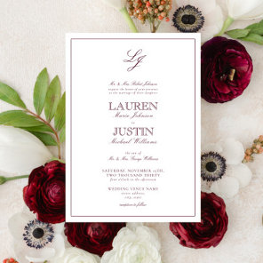 Classic Burgundy Script Monogram Wedding Invitation