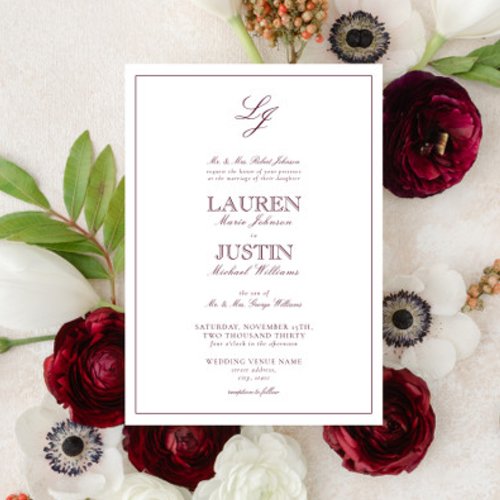 Classic Burgundy Script Monogram Wedding Invitation
