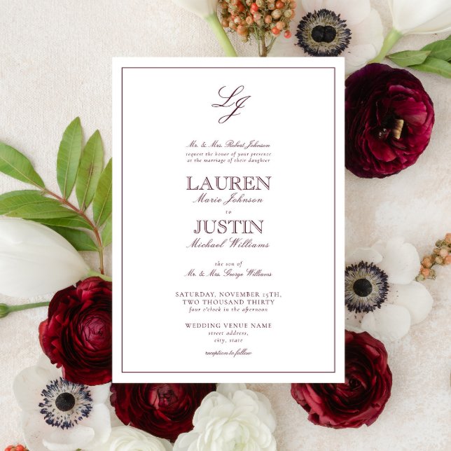 Classic Burgundy Script Monogram Wedding Invitation (Creator Uploaded)