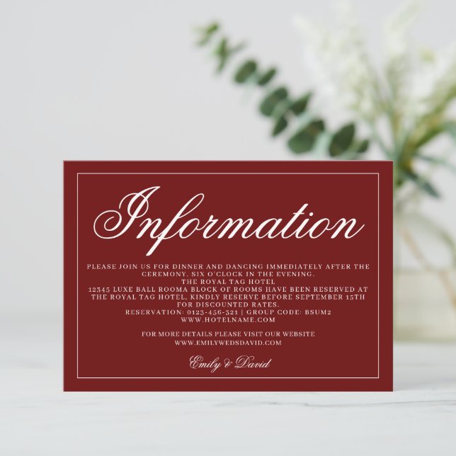 Classic Burgundy Simple Wedding  Enclosure Card (Standing Front)