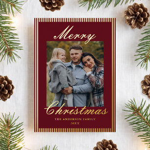 Classic Burgundy Stripes Old Money Christmas Photo Foil Holiday Card