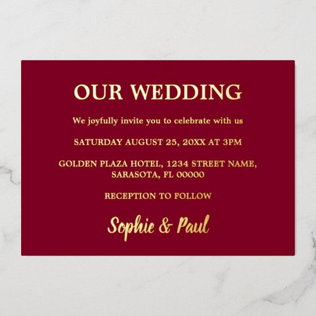 Classic Burgundy Wedding Gold Foil Invitation (Front)