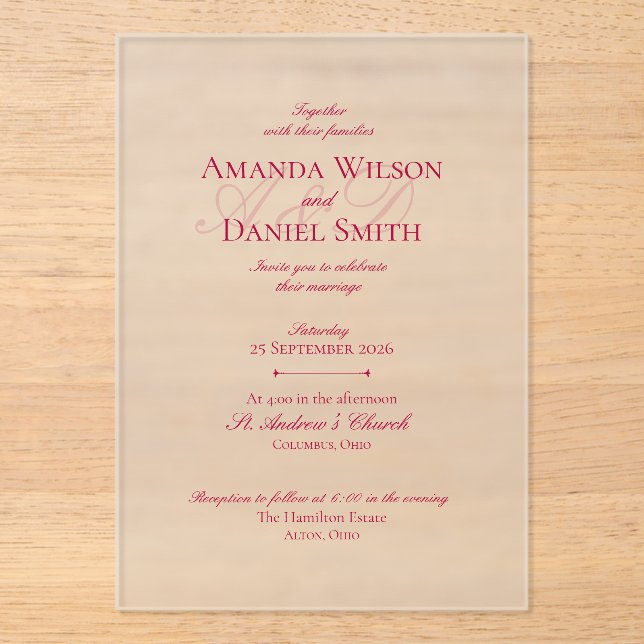Classic Burgundy Wedding Invitation (Acrylic) (Front)