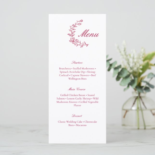 Classic Burgundy Wedding Menu with Floral Accent (Standing Front)