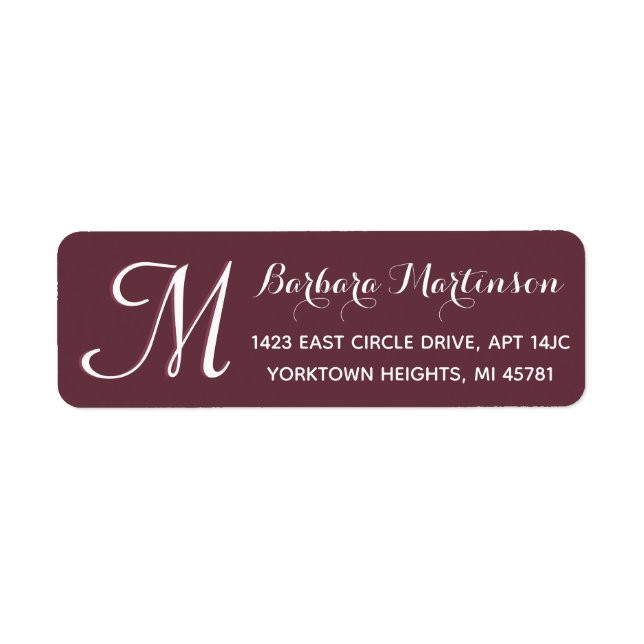 Classic Burgundy White Custom Monogram Address Label (Front)