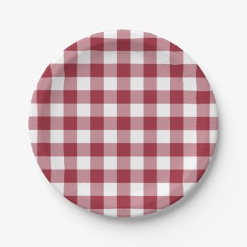 Classic Burgundy White Gingham Plaid Pattern Paper Plates by RocklawnArts at Zazzle