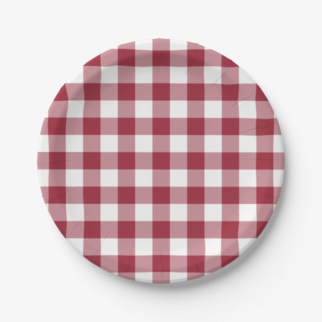 Classic Burgundy White Gingham Plaid Pattern Paper Plates (Front)