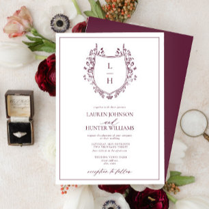 Classic Burgundy Wildflower Monogram Crest Wedding Invitation