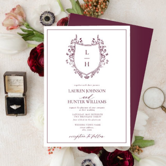 Classic Burgundy Wildflower Monogram Crest Wedding Invitation (Creator Uploaded)