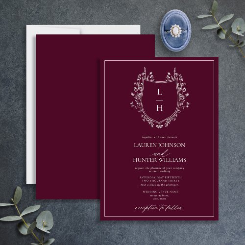 Classic Burgundy Wildflower Monogram Crest Wedding Invitation