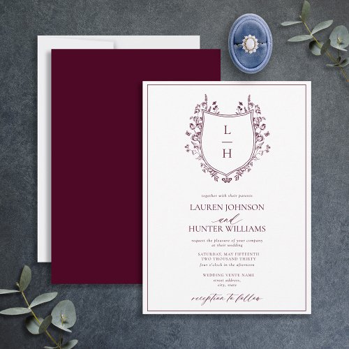 Classic Burgundy Wildflower Monogram Crest Wedding Invitation