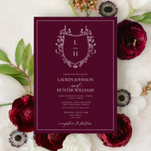 Classic Burgundy Wildflower Monogram Crest Wedding Invitation