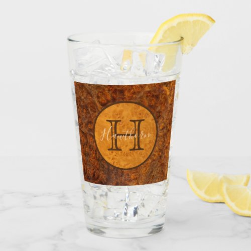 Classic Burl Wood Tone Round Monogram Glass