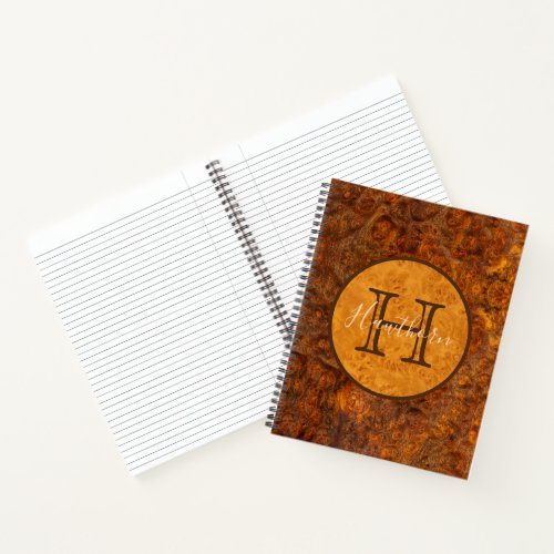 Classic Burl Wood Tone Round Monogram Notebook