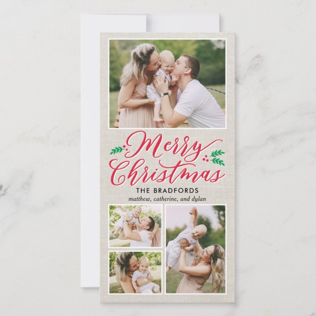 Classic Burlap Merry Christmas Holiday Photo Card (Front)