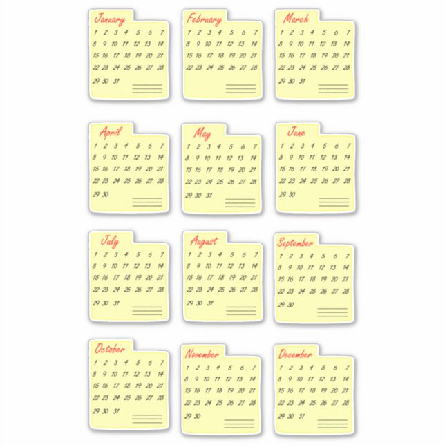 Classic Calendar Months Any Year Sticker Pack (Front)