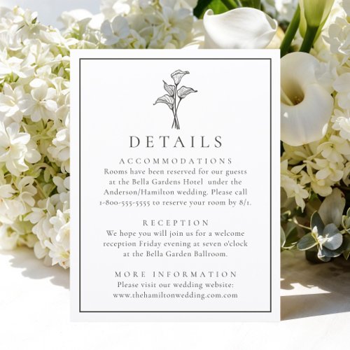 Classic Calla Lily Wedding Details Letterpress Enclosure Card